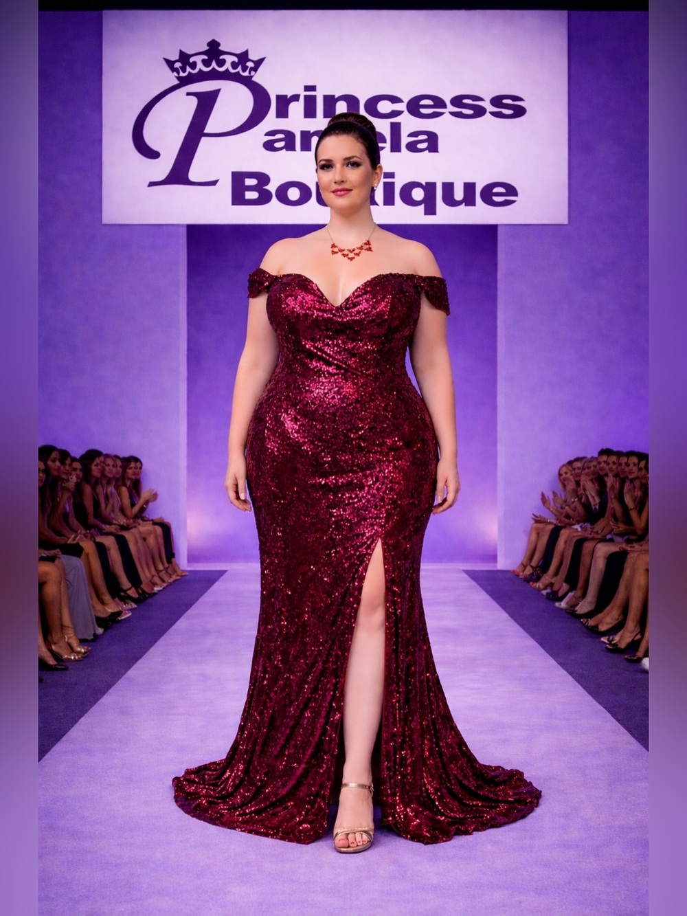 #402 Burgundy Sequins Sweetheart Neckline Off The Shoulder Gown -2X